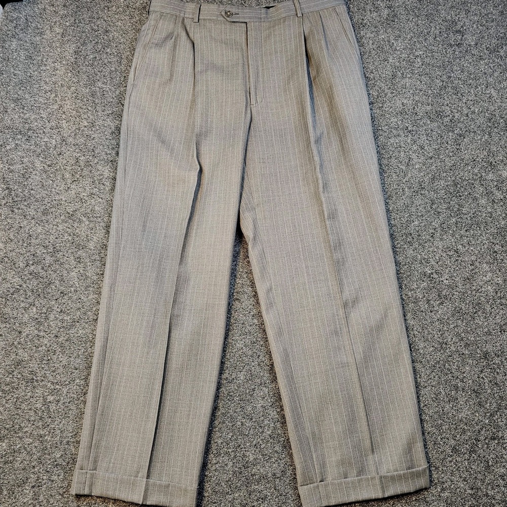 Hart‎ Schaffner Marx Mens 35x28 Gray Pinstripe Pleated Dress Pants Cuffed Hem